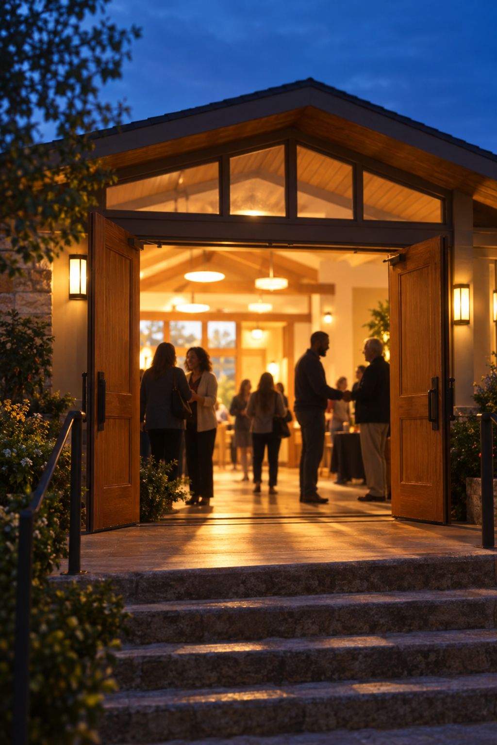 Warm light spilling from the open doors of a community worship building at dusk