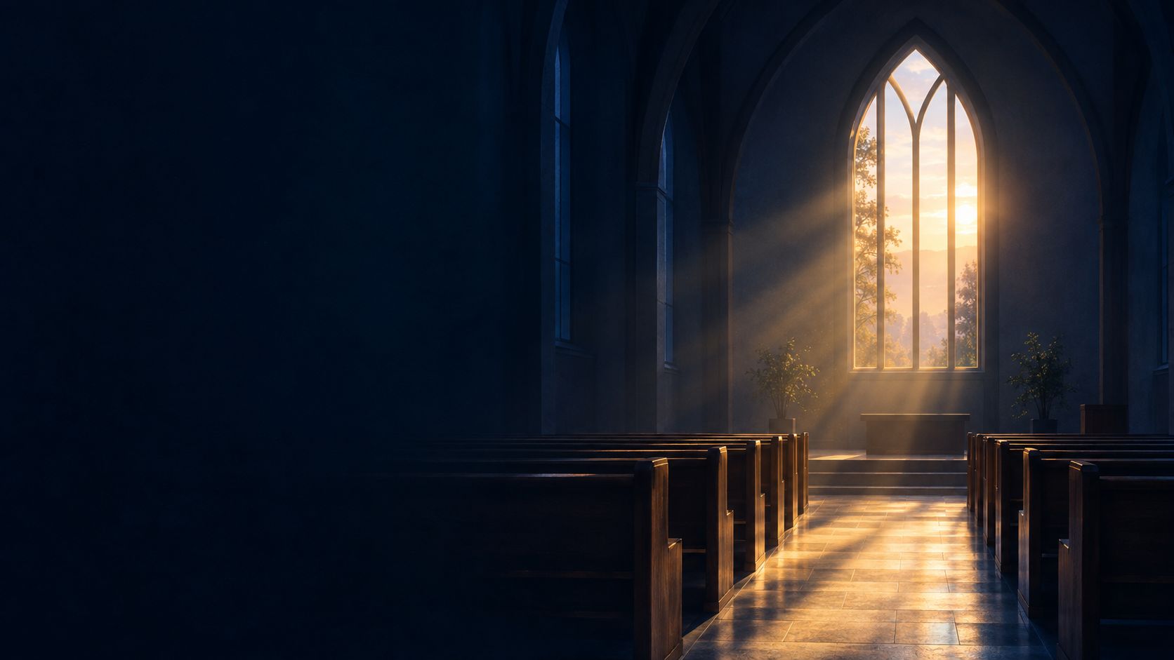 Morning light streaming through an arched window into a quiet sanctuary