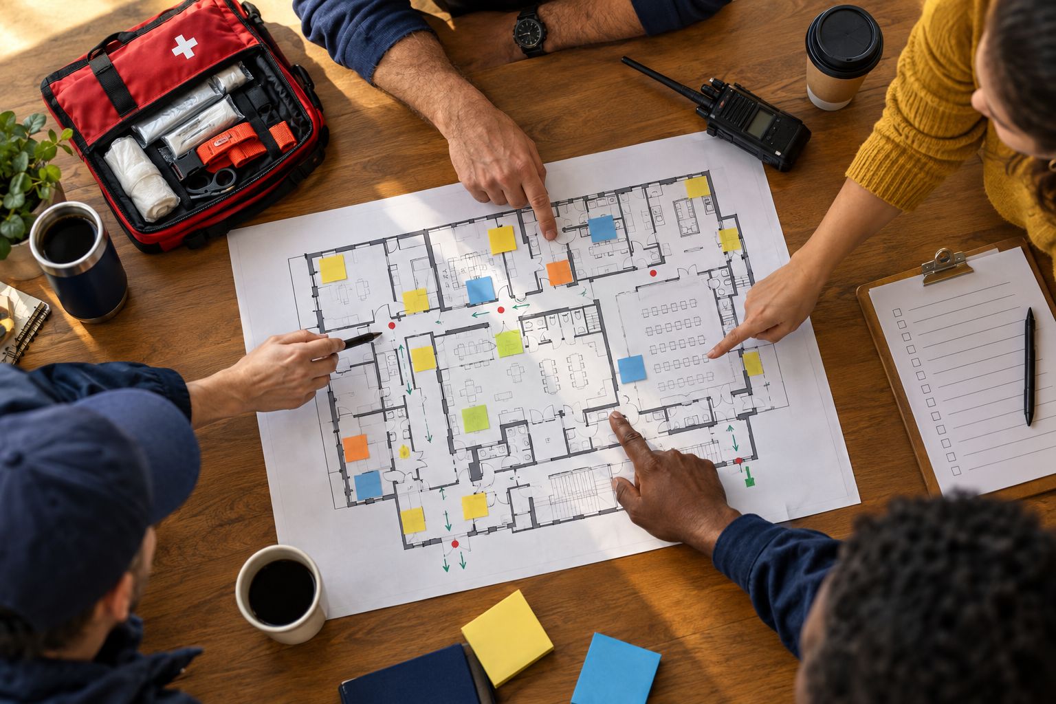 Volunteers reviewing a facility floor plan during a tabletop exercise
